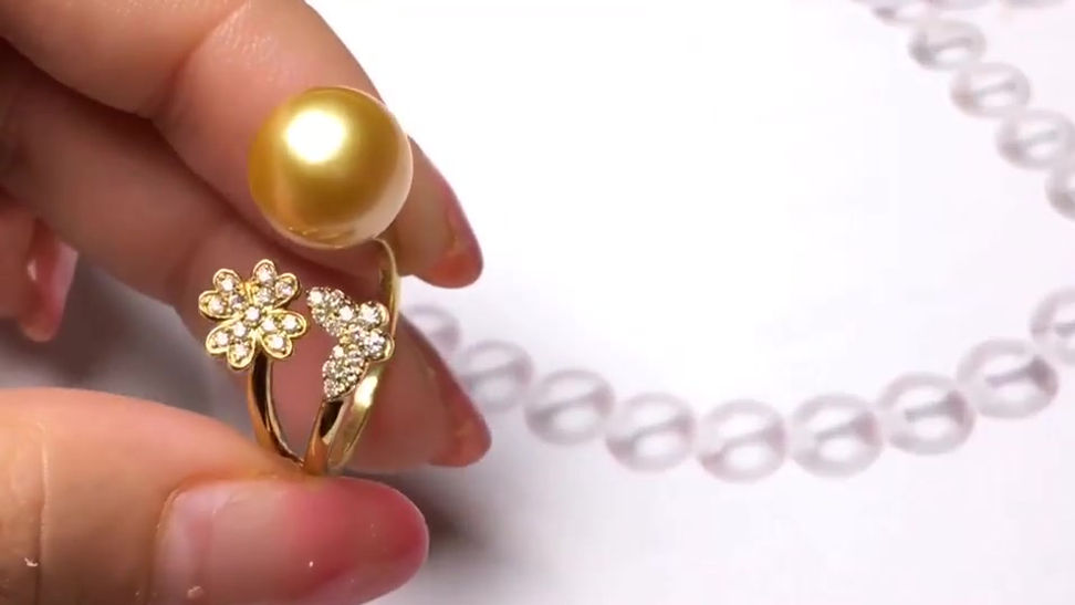 10-11 mm Golden South Sea Pearl Adjustable Ring, 18k Gold w/ Diamond - AAAA